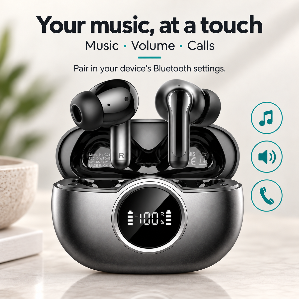 Tu música, con un toque — Música · Volumen · Llamadas — Empareja desde los ajustes Bluetooth de tu dispositivo.