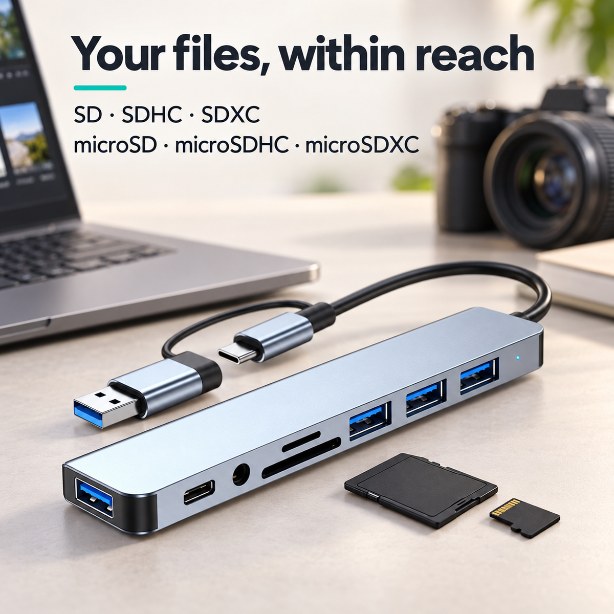 USB hub with SD and microSD card readers