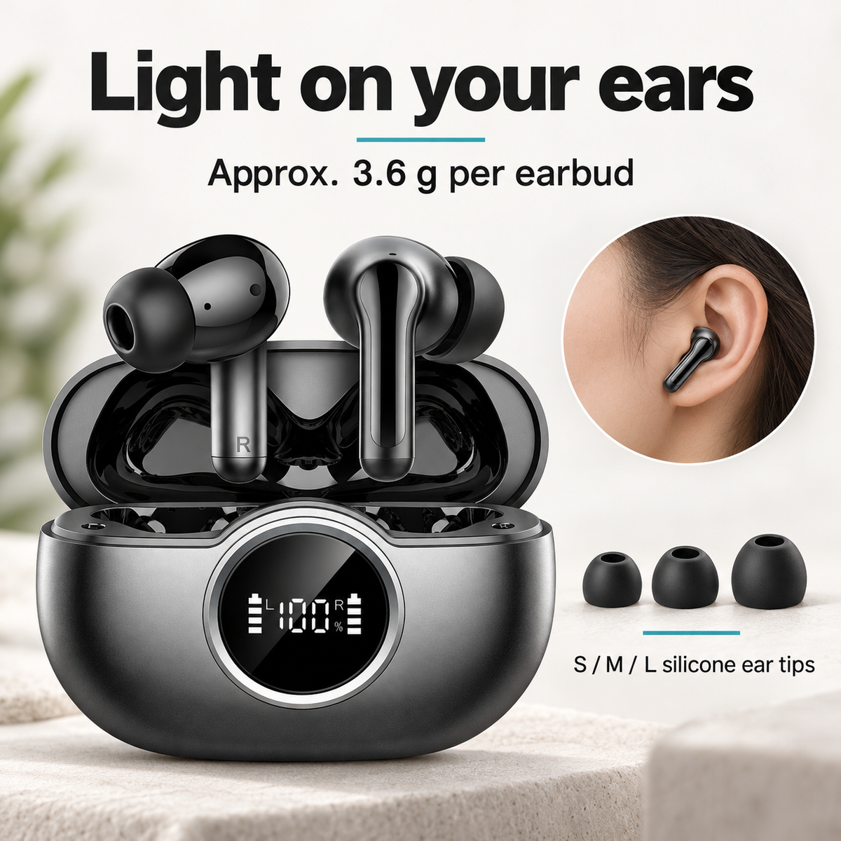 Lightweight earbuds and three sizes of silicone ear tips